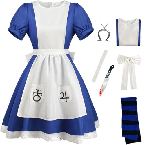 SJZZXU Alicemadness returns Cosplay Kostüm blaues Dienstmädchen-Outfit mit Perücke Halskette Requisiten Halloween-Karnevalsparty-Kostüm (Blau2, 2XL) von SJZZXU
