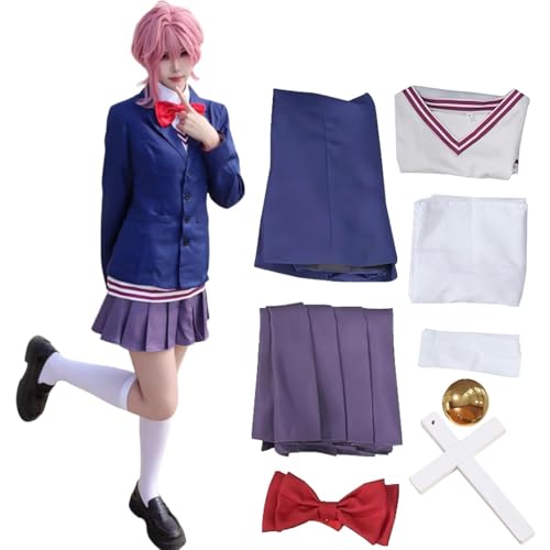 SJZZXU Anime Dandadan Cosplay Shiratoriaira Kostüm Preppy Kurzer Rock mit Rosa Perücke Halloween Outfit (Blau, M) von SJZZXU