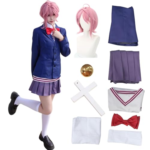 SJZZXU Anime Dandadan Cosplay Shiratoriaira Kostüm Preppy Kurzer Rock mit Rosa Perücke Halloween Outfit (Blau + Perücke, M) von SJZZXU