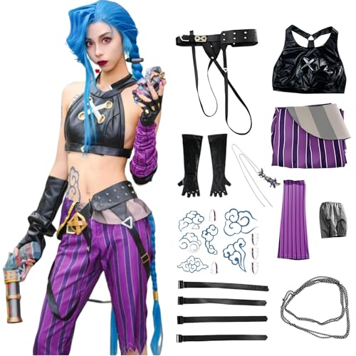 SJZZXU Arcanejinx Cosplay-Kostüm mit blauer langer Perücke Zubehör schwarzen Handschuhen Gürtel Tattoo-Aufkleber Halskette Halloween weiblicher Anime-Anzug (Lila, L) von SJZZXU