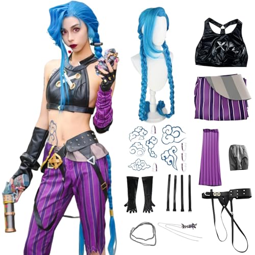 SJZZXU Arcanejinx Cosplay-Kostüm mit blauer langer Perücke Zubehör schwarzen Handschuhen Gürtel Tattoo-Aufkleber Halskette Halloween weiblicher Anime-Anzug (Lila + Perücke, 3XL) von SJZZXU