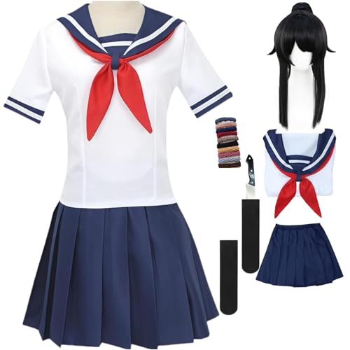 SJZZXU Ayano Aishi Cosplay-Kostüm Yandere Simulator Cosplay Japanische Schuluniform Matrosenanzug für Damen Halloween-Set (Weiß + Perücke, S) von SJZZXU