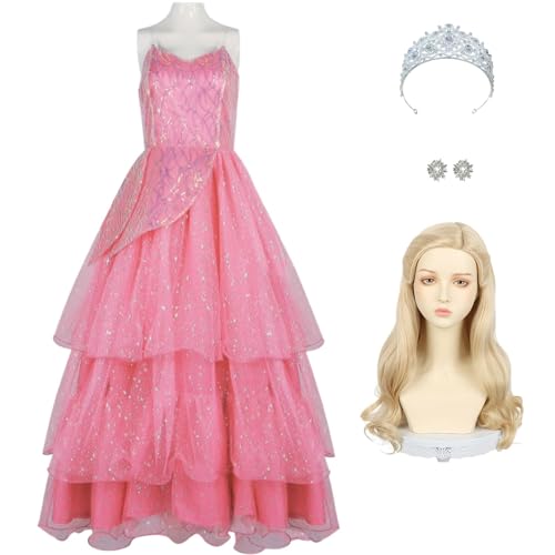 SJZZXU Glinda Kleid Cosplay rosa Anzug Wickedy Glinda Kostüm mit Perücke Zubehör Halloween Party Abendkleid (6 rosa + Perücke, L) von SJZZXU