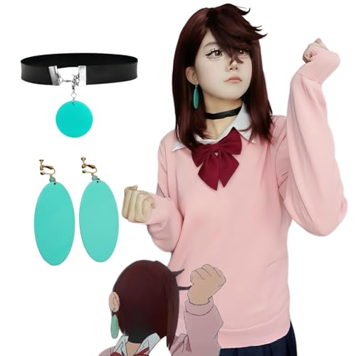 SJZZXU Momoayase Cosplay Pink College Style Kurzer Rockanzug Anime Dandandan Cosplay Kostüm mit Perücke Kragen Ohrringe Komplettset (Perücken + Accessoires, Eine Nummer) von SJZZXU