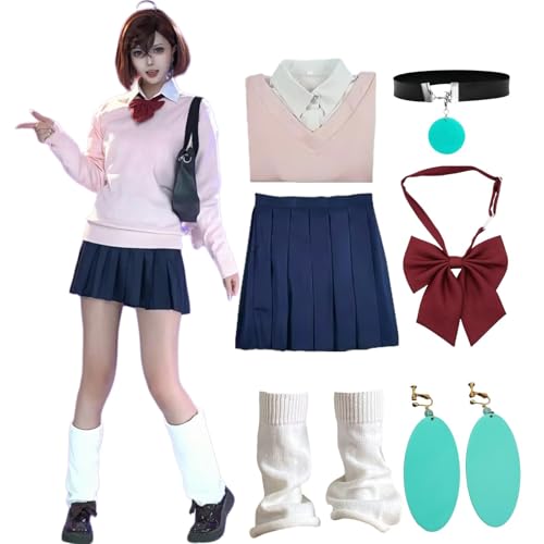 SJZZXU Momoayase Cosplay Pink College Style Kurzer Rockanzug Anime Dandandan Cosplay Kostüm mit Perücke Kragen Ohrringe Komplettset (Rosa, M) von SJZZXU