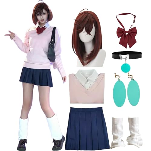 SJZZXU Momoayase Cosplay Pink College Style Kurzer Rockanzug Anime Dandandan Cosplay Kostüm mit Perücke Kragen Ohrringe Komplettset (Rosa + Perücke, XS) von SJZZXU