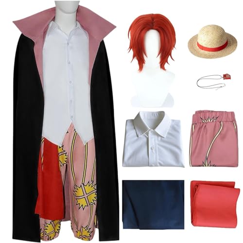 Shanks Cosplay Kostüm Rote Haare Shanks Kostüm Set Schwarzer Umhang mit Perücke Hut Halskette Halloween Party Set (Schwarz+Perücke, M) von SJZZXU