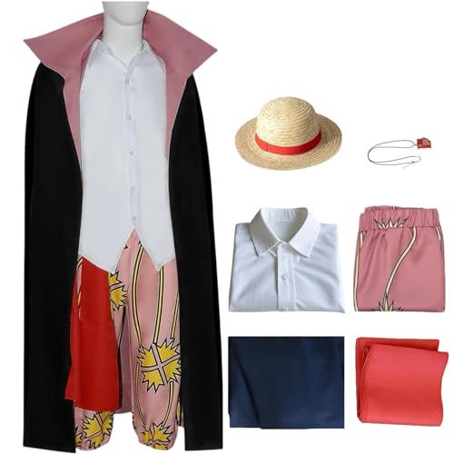 Shanks Cosplay Kostüm Rote Haare Shanks Kostüm Set Schwarzer Umhang mit Perücke Hut Halskette Halloween Party Set (Schwarz, XS) von SJZZXU