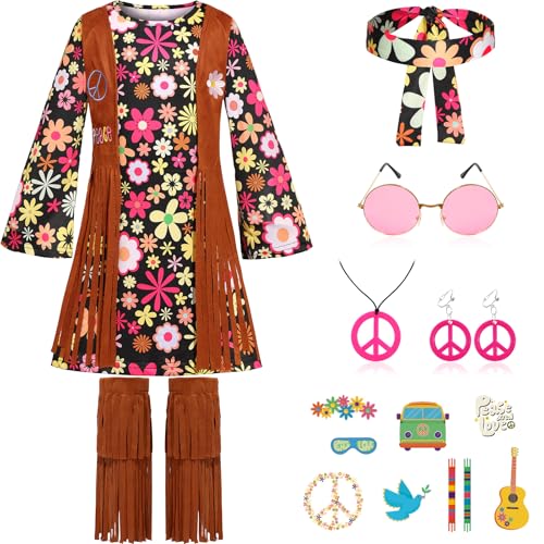 SKCAIHT Hippie-Kostüm für Mädchen im 60er- und 70er-Jahre-Stil, für Halloween, Party, Verkleidung (Schwarz, 8–9 Jahre) von SKCAIHT