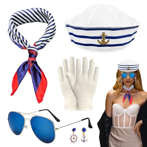 SKHAOVS 5 Stück Frauen Matrosen Kostüm Set,Matrosenmütze Sonnenbrille Quadratisches Set,Marine Outfit,Kapitänsmütze Seemann Kapitän Verkleidungsparty für Damen Yacht Party Halloween Cosplay (5 PCS) von SKHAOVS