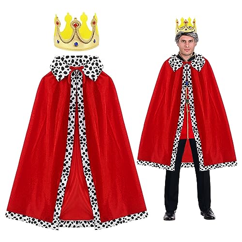 SKHAOVS 2 Stück König Königin Kostüm für Erwachsene, Königsmantel Königinumhang Königlicher Samtumhang mit Krone, König Königin Cosplay für Halloween, Karneval, Mottoparty, 120cm (Red) von SKHAOVS