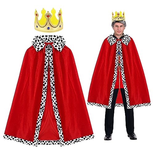SKHAOVS 2 Stück König Königin Kostüm für Erwachsene Königsmantel Königinumhang Königlicher Samtumhang mit Krone, König Königin Cosplay für Halloween, Karneval, Mottoparty, 120cm (Red) von SKHAOVS