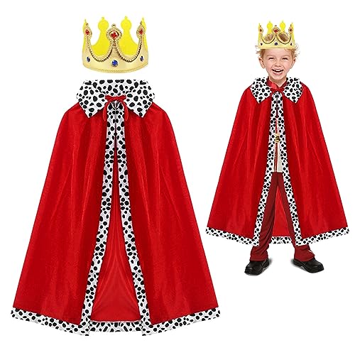SKHAOVS 2 Stück König Königin Kostüm für Kinder, Königsmantel Prinzessinnen Umhang Königlicher Samtumhang mit Krone, König Königin Cosplay für Halloween, Karneval, Mottoparty, 80cm (Red) von SKHAOVS