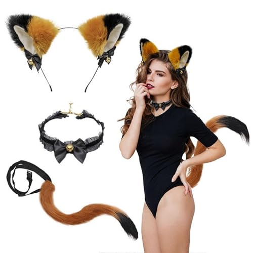 SKHAOVS 3 Stück Faschingskostüm Fuchsohren Cosplay Set Fuchs Ohren Stirnband mit Glöckchen Halskette, Fuchs Kostüm für Anime Verkleidung Party Halloween Weihnachten Karneval Dress Up Party von SKHAOVS