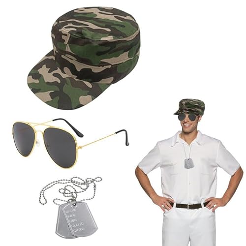 SKHAOVS 3 Stück Flieger Captain Kostüm Set Armee Taktische Militärmütze Camping Accessoires Camo Hüte für Männer Sonnenbrille Erkennungsmarke für Zubehör Halloween Party Kostüm Dress up von SKHAOVS