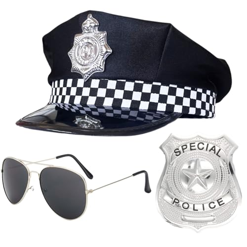 SKHAOVS 3 Stück Polizei Kostüm Zubehör Set Polizei Outfit Karneval Verkleidung, Polizeimütze, Abzeichen, Pilotenbrille, Swat Rollenspiel Zubehör für Halloween Karneval Rollenspiel SKHAOVS 3 Stück Polizei Kostüm Zubehör Set Polizei Outfit Karneval Verkleidung, Polizeimütze, Abzeichen, Pilotenbrille, Swat Rollenspiel Zubehör für Halloween Karneval Rollenspiel von SKHAOVS