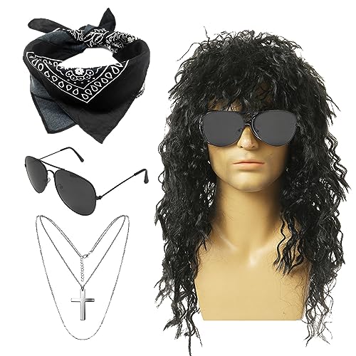 SKHAOVS 4 Stück Rock Kostüm Set 60/70/80er Disco Perücke Hippie Perücke Erwachsene Hippie Kostüm Lockige Perücke Sonnenbrille Bandana Kreuz Halskette Rock Perücke für Mottoparty Halloween SKHAOVS 4 Stück Rock Kostüm Set 60/70/80er Disco Perücke Hippie Perücke Erwachsene Hippie Kostüm Lockige Perücke Sonnenbrille Bandana Kreuz Halskette Rock Perücke für Mottoparty Halloween von SKHAOVS
