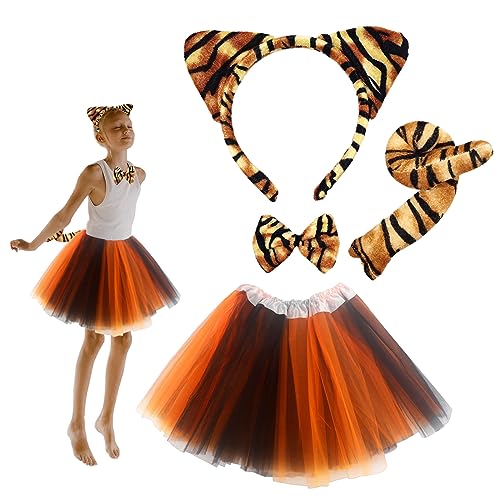 SKHAOVS 4 Stück Tiger Kostüm Set,Tigerohren Kopfschmuck Schwanz Schleife Tutu Set,Tierkostüm Kostüm,für Kinder Erwachsene Tierkostüm Set Zubehör Cosplay Halloween (Tiger Kostüm) von SKHAOVS