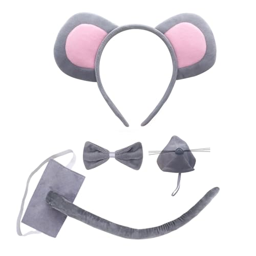 SKHAOVS 4 Stück Maus Kostüm,Tier Maus Kostüm Set,Maus-Ohren, Stirnband Nase Grauer Fliege und Filzschwanz,Rattenkostüm für Erwachsene Kinder Kindertag Geburtstagsfeier Neujahr Halloween(Grau) von SKHAOVS