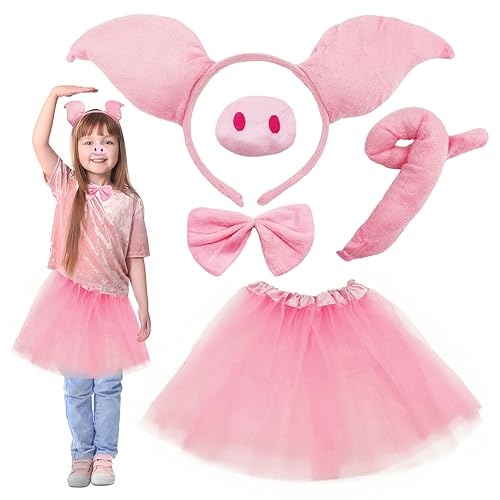 SKHAOVS 5 Pcs Schwein Kostüm Set, Schwein Ohren Stirnband Kinderkostüm Schweineohr mit Fliege Schweinenase Schwanz Ferkel Cosplay, für Kindergeburtstag Karneval Halloween Fasching Party von SKHAOVS