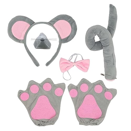 SKHAOVS 5 Stück Maus Kostüm Set,Maus Nasenschwanz Handschuhe Rosa Fliege Ohr-Bandana Set,Tier Kostüm Set,für Erwachsene und Kinder Kostüm Party Dekoration Zubehör Ankleiden Spielen Halloween (5 Stück) von SKHAOVS