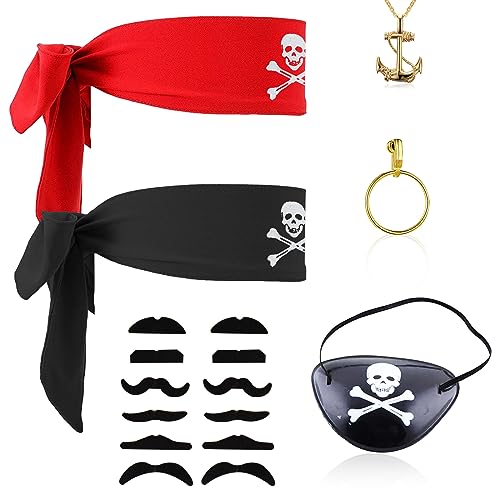 SKHAOVS 6 Stück Pirat Kostüm Zubehör Set Piraten Kopftuch Vintage Augenklappe Ohrring Kostüm Set für Fasching Karneval Halloween und Piratenparty Pirat Captain Dress Up (6 Stück) von SKHAOVS