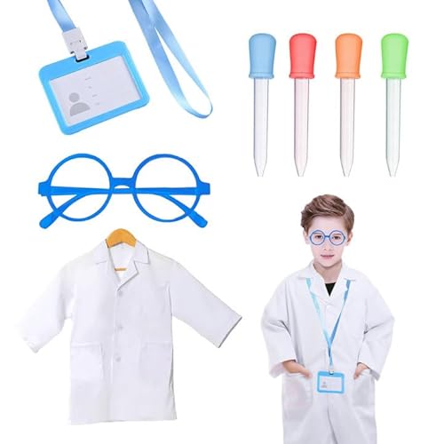 SKHAOVS 7 Stück Laborkittel für Kinder mit Brillen Namensschild Tropfer, Wissenschaftlerkostüm Laborarztkostüm für Jungen und Mädchen, Rollenspielzubehör für Wissenschaftler und Doktoren (White) von SKHAOVS