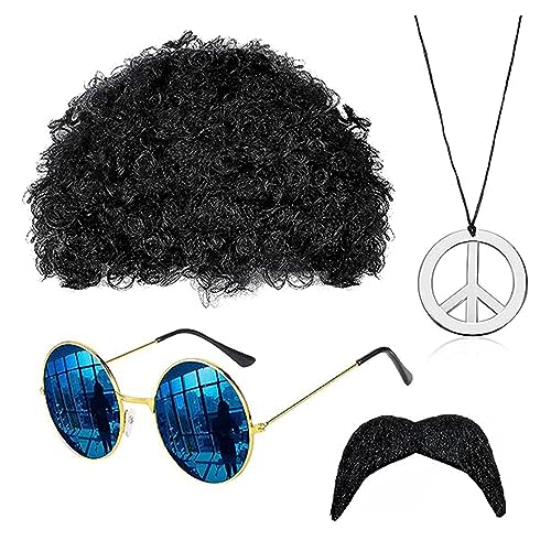 SKHAOVS Hippie Kostüm Set Funky Afro Perücke, Hippie Accessoires, Karneval Perücke, Perücke Herren, Frieden Zeichen Halskette, Schnauzbart,für Fasching Karneval oder auf Festivals Thema Party (4Pcs) SKHAOVS Hippie Kostüm Set Funky Afro Perücke, Hippie Accessoires, Karneval Perücke, Perücke Herren, Frieden Zeichen Halskette, Schnauzbart,für Fasching Karneval oder auf Festivals Thema Party (4Pcs) von SKHAOVS