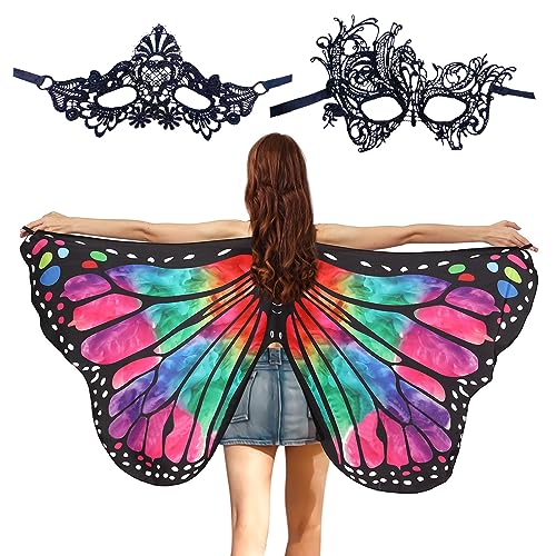 SKHAOVS Schmetterlingsflügel Verkleidung Fee Schmetterlingsflügel Umhang Halloween Schmetterling Umhang mit Augenmaske Schmetterling Schal für Mädchen Cosplay Zubehör (Regenbogen) von SKHAOVS