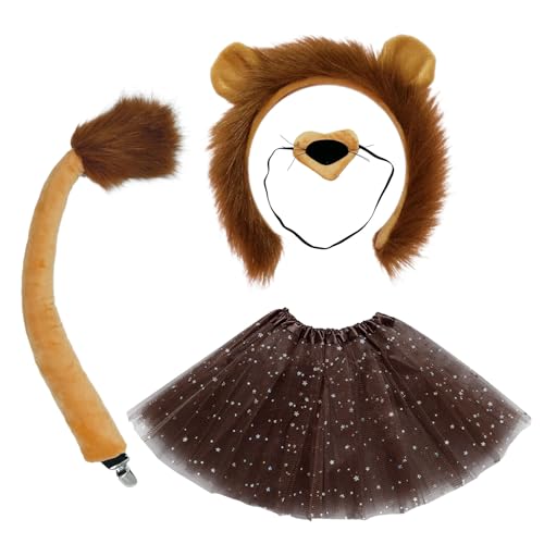 SKHAOVS Tierkostüm Kinder, Löwe-Cosplay-Set, Karneval Kostüm Kinder Löwe, Tierohren Stirnband + Nase + Schwanz + Tutu, Halloween Kostüm Faschingskostüme Zubehör für Fasching Cosplay Party (Braun) SKHAOVS Tierkostüm Kinder, Löwe-Cosplay-Set, Karneval Kostüm Kinder Löwe, Tierohren Stirnband + Nase + Schwanz + Tutu, Halloween Kostüm Faschingskostüme Zubehör für Fasching Cosplay Party (Braun) von SKHAOVS