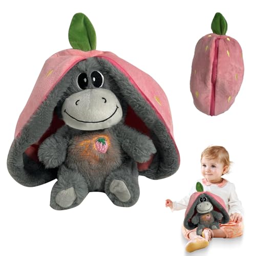 SKIKHN Atmendes Kuscheltier, Atmendes Kuscheltier Esel, Kuscheltiers mit Atembewegung, Schlummer Plüschtier mit 4 Atemmodi, zum Kuscheln und Spielen, Geschenke für Mädchen Jungen (Erdbeere) von SKIKHN