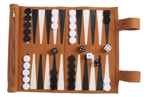 SKIKHN Backgammon Spiel Set,35.5X25CM Klassisches Backgammon-Set,Backgammon Reise,Tragbar Reisespiel zum Aufrollen,Lederoptik Brettspiel für Erwachsene Teenager Travel-Fans,Braun von SKIKHN