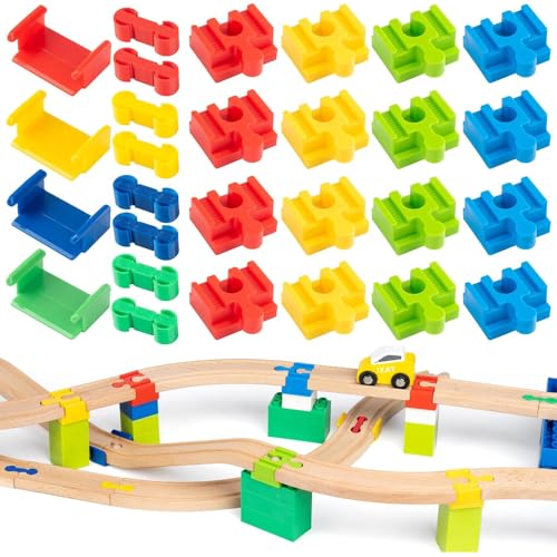 SKIKHN Holzeisenbahn Schienen Adapter Eisenbahn, 28 Stück Holzschienen Adapter Verbinder, Kompatibler Adapter Gleisverbinder, Universal Holzeisenbahn Adapter Set, für Kinder im Alter Von 3-14 von SKIKHN