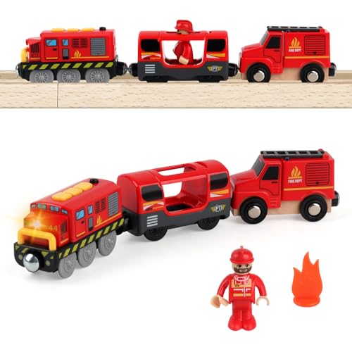 SKIKHN Holzeisenbahn Zug Feuerwehr-Löschzug, Batteriebetriebener Lokomotivzug, Feuerwehr Leiterfahrzeug mit Licht und Sound, Spielzeugauto für Kleinkind Junge Mädchen, Rot von SKIKHN