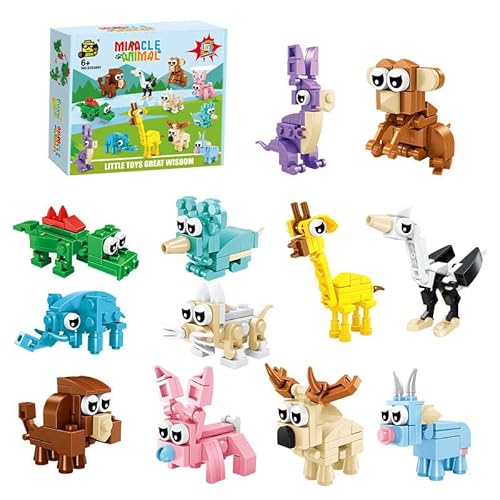 SKIKHN Mini Tier Bausteine Set, 12 Pack Mitgebsel Kindergeburtstag Gastgeschenke Baustein Spielzeug, Mehrfarbig Tiere Bauset, 3 In 1 Montessori Spielzeug, für Kinder ab 6 Jahre von SKIKHN