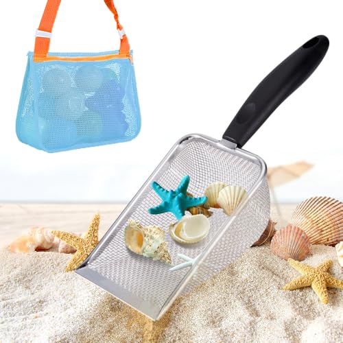 SKIKHN Strand-Netz-Schaufel, Edelstahl Strand Mesh Schaufel mit Netz-Strandtasche, Strandspielzeug Kinder, Haifischzahnsieb, Strandspielzeug zum Aufheben von Muscheln, Sandschaufel für Jungen Mädchen von SKIKHN