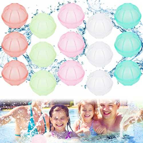 SKIKHN Wasserbomben Wiederverwendbar,15 Stück Schnell Befüllbare Silikon Spritzbälle mit Mesh Bag,5 Farben Schnellfüller Wasserbomben,Wasserballons Bomben für Wasserschlachten,Pool,Strand,Poolparty von SKIKHN
