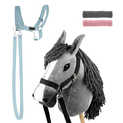 SKIPPI Set Hobby Horse Graues und Halfter Hellblau, A3 Pferd mit Hobby Horse Zubehör, 2 Halfter, 2 Zügeln, 2 Fleece-Überzügen von SKIPPI