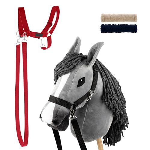 SKIPPI Set Hobby Horse Graues und Halfter Rot, A3 Pferd mit Hobby Horse Zubehör, 2 Halfter, 2 Zügeln, 2 Polster von SKIPPI