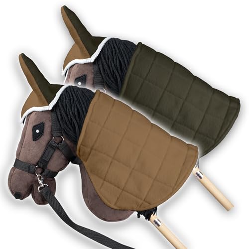 SKIPPI Wendbare Decke und Fliegenhaube für Hobby Horse – Beige und Olivgrün, Hobby Horse Zubehör, Zweifarbige Pferdedecke und Fliegenohren für Steckenpferd A3 und A4 von SKIPPI