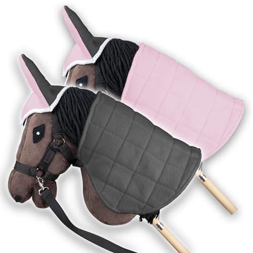 SKIPPI Wendbare Decke und Fliegenhaube für Hobby Horse – Rosa und Graue, Hobby Horse Zubehör, Zweifarbige Pferdedecke und Fliegenohren für Steckenpferd A3 und A4 von SKIPPI