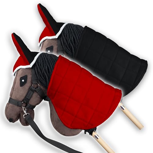 SKIPPI Wendbare Decke und Fliegenhaube für Hobby Horse – Rote und Schwarze, Hobby Horse Zubehör, Zweifarbige Pferdedecke und Fliegenohren für Steckenpferd A3 und A4 von SKIPPI