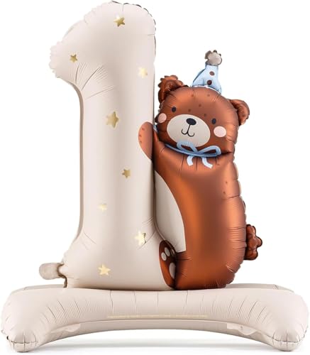 1 Jahr Bär Geburtstag Luftballon, Bär Folienballon XXL, 1 Creme Teddybär mit Standfuß selbststehend Luftballon Zahl 1 Bär Geburtstag Mädchen Junge Kindergeburtstag von SKIPTHYBER