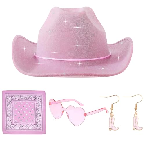 SKIPTHYBER Cowboy Hut Damen 4PCS Cowgirl Hut mit Herzbrille Schal Ohrringe Cowgirl Kostüm Accessoires Damen Cowboy Hut Wilder Westen Kostü Westernhut für Party Cosplay Karneval (Rosa) von SKIPTHYBER