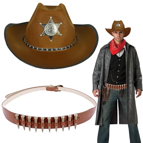 SKIPTHYBER Cowboy Kostüm Zubehör Set, 2 Stück Western Cowboy Hut für Herren, Brauner Hut mit Western Boloschnalle Gürtel WesternCowboy Outfit Kit für Karneval Halloween Fancing Cosplay SKIPTHYBER Cowboy Kostüm Zubehör Set, 2 Stück Western Cowboy Hut für Herren, Brauner Hut mit Western Boloschnalle Gürtel WesternCowboy Outfit Kit für Karneval Halloween Fancing Cosplay von SKIPTHYBER