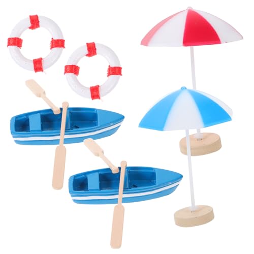 SKISUNO 1Satz Miniatur Strand Dekoration Teiliges Puppenhaus Zubehör mit Blauen Booten Paddeln und Sonnenschirmen für Realistische Mikroszenen im Strandstil von SKISUNO