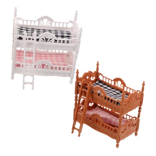 SKISUNO 2 Sätze Puppenhaus Etagenbett Miniaturbett Realistisches Schlafzimmermöbel mit Leiter für Rollenspiel und Kreative Szenen von SKISUNO