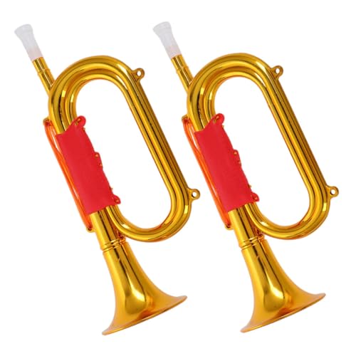 SKISUNO 2 Stück Goldene Trompete Kunststoff Bugle Musikinstrument für Bühne Schule Spiel Party Requisit Robust Leicht Transportierbar Authentisch Rote Armee Nachbildung von SKISUNO