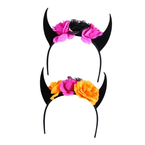 SKISUNO 2 Stück Halloween Haarreif mit Schwarzen und Violetten Teufelshörnern und Schädel Blumen Bequemer Stoff Auffälliger Kopfschmuck für Kostüm und Cosplay Partys von SKISUNO