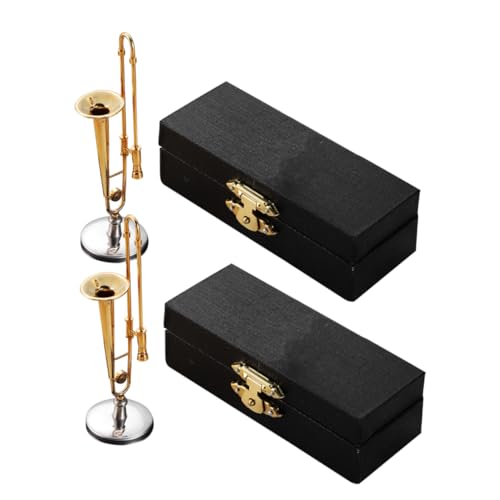 SKISUNO 2sätze Miniaturposaune Für Puppenhaus Winzige Posaune Mit Ständer Und Koffer Mini-Musikinstrument Für Musiklehrer Und Sammler Dekoration Für Hause von SKISUNO
